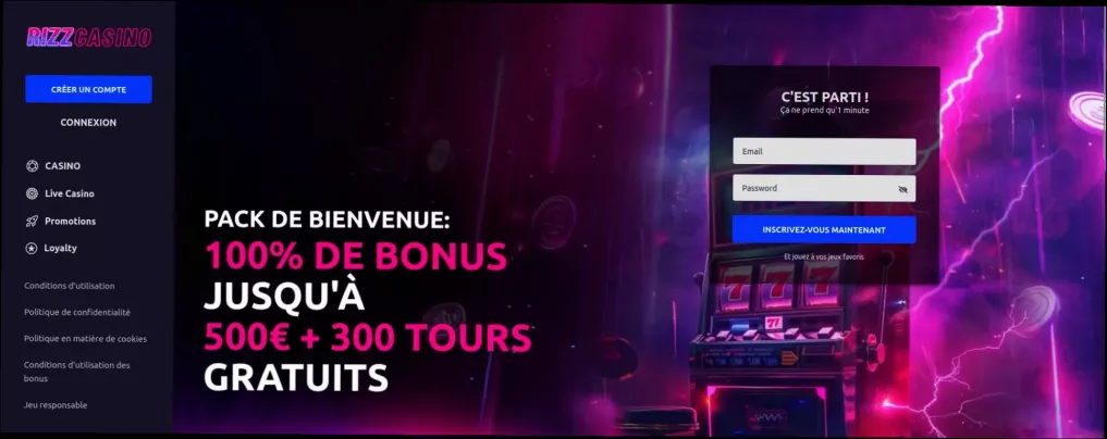 Rizz Casino bonus 100% jusqu'à 500€ + 300 Tours Gratuits